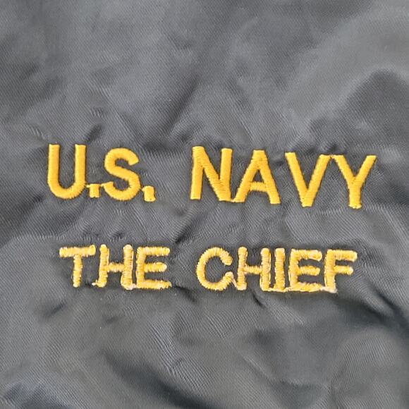Vintage Y2K US-Navy Satin Bomber Jacket XL 26x27 Boxy NAVY Chief - Picture 12 of 16